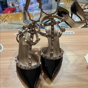 Valentino Black Patent Pointed-Toe Studded T-Strap Heels with Taupe Straps